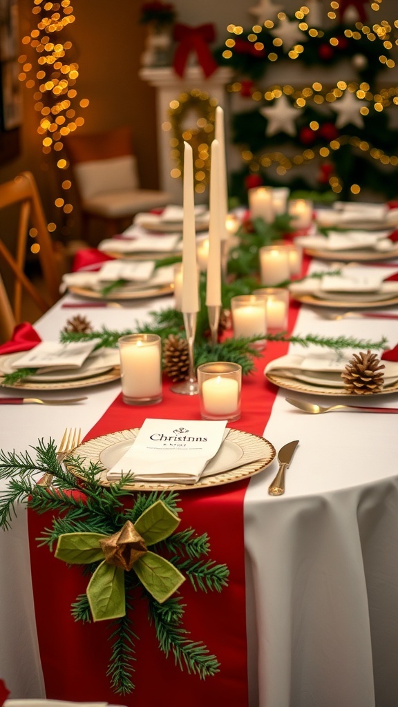 Christmas Table Settings Ideas for Your Holiday Party A festive Christmas table setting with red and green accents, elegant dinnerware, candles, and personalized place cards.